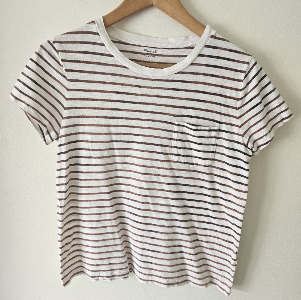 Madewell brown and white striped short sleeve pocket tshirt